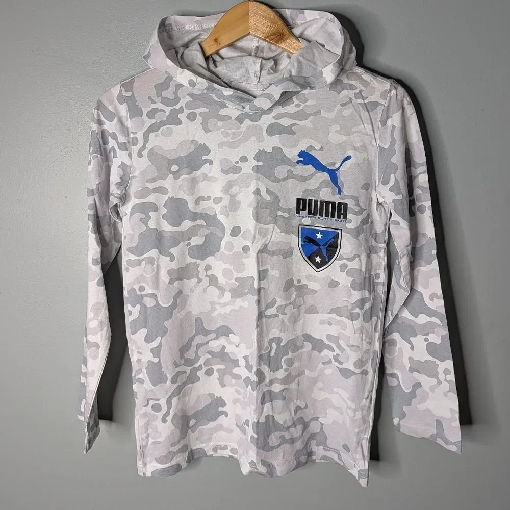 PUMA Kids Grey White Camo 100% Cotton Pullover Long Sleeve Hoodie M 10 12